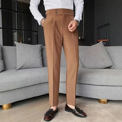 High Waist Plain Inverted Pleated Cropped Tapered Dress Pants