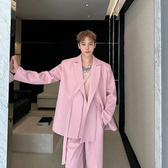 Set: Peak Lapel Plain Asymmetrical Blazer + Mid Rise Wide Leg Dress Pants