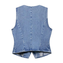 Round Neck Washed Button Denim Vest / High Waist Wide Leg Jeans