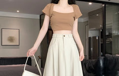 High-Rise Pleated Midi A-Line Skirt