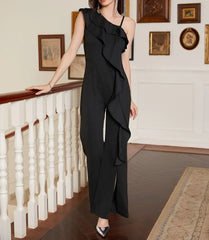 One-Shoulder Plain Ruffle Side-Slit Flared Jumpsuit