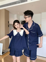 Couple Matching Short-Sleeve Contrast Collar Blouse / Shorts / Shirt / Pajama Dress / Pajama Set