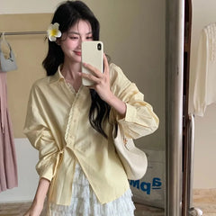 Long-Sleeve V-Neck Collared Lace Trim Buttoned Side-Tie Puff Sleeve Blouse