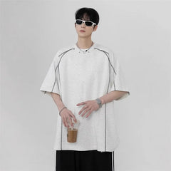 Elbow-Sleeve Crew Neck Plain Contrast Stitching T-Shirt