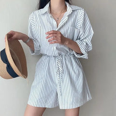 Long-Sleeve Henley Striped Pocket Front Romper