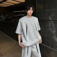 Set: Short-Sleeve Round Neck Two Tone T-Shirt + Drawstring Waist Sweat Shorts