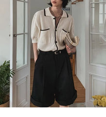 Contrasted Short-Sleeve Summer-Knit Polo Cardigan