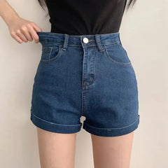 High Waist Washed Roll Up Hem Denim Hot Pants