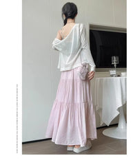 High Waist Striped Midi A-Line Tiered Skirt
