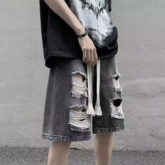 Drawstring Waist Distressed Denim Shorts