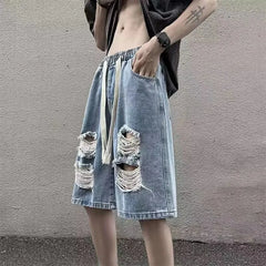 Drawstring Waist Distressed Denim Shorts