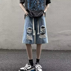 Drawstring Waist Distressed Denim Shorts