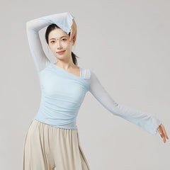 Long-Sleeve Square Neck Plain Ruched Dance T-Shirt