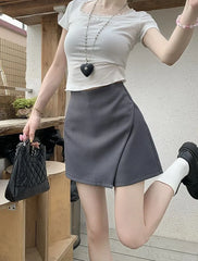 High Waist Plain Asymmetrical Mini A-Line Skort