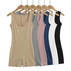 Sleeveless Notch Neck Plain Ribbed Slim Fit Romper