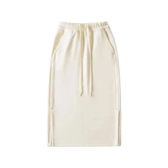 Drawstring Waist Plain Side-Slit Midi H-Line Skirt