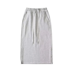 Drawstring Waist Plain Side-Slit Midi H-Line Skirt