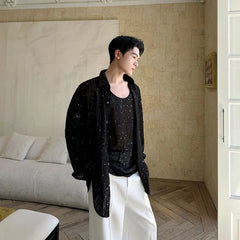 Set: Scoop Neck Plain Sequin Tank Top + Long-Sleeve Shirt