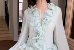 Long-Sleeve V-Neck Plain Ruffle Trim Tie Front Sheer Crop Blouse / Low Rise Rhinestone Accent Layered Mini A-Line Skirt