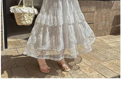High Waist Lace Panel Tiered Midi A-Line Skirt
