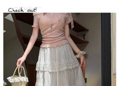 High Waist Lace Panel Tiered Midi A-Line Skirt