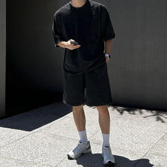 Short-Sleeve Round Neck Plain T-Shirt / Drawstring Waist Shorts