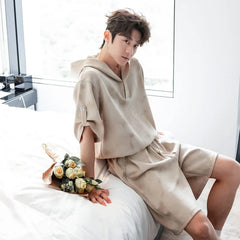 Short-Sleeve Henley Tie Dye Hooded T-Shirt / Mid Rise Shorts