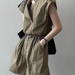 Short-Sleeve Plain Drawstring Romper