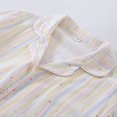 Pajama Set: Short-Sleeve Lapel Collar Striped Button Top + Lounge Shorts