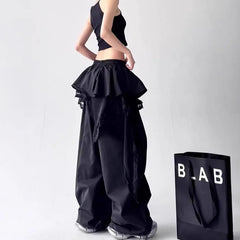 Drawstring Waist Lace Panel Layered Skirt Overlay Baggy Cargo Pants
