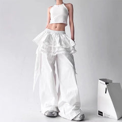 Drawstring Waist Lace Panel Layered Skirt Overlay Baggy Cargo Pants