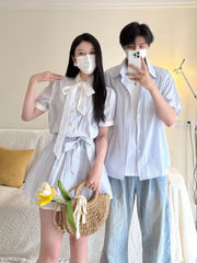 Couple Matching Short-Sleeve Collared Striped Button Up Shirt / Short-Sleeve Tie Neck Mini A-Line Dress
