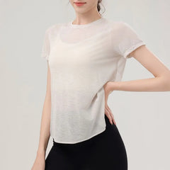 Short-Sleeve Crew Neck Plain Open Back Sports T-Shirt