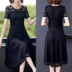 Short-Sleeve Round Neck Plain Lace Midi A-Line Dress