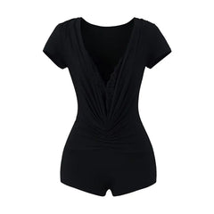 Short-Sleeve V-Neck Plain Lace Panel Ruched Romper