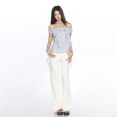 Short-Sleeve Cold Shoulder Striped Ruffle Trim Slim Fit Top