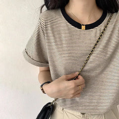 Short-Sleeve Round Neck Striped Contrast Trim Tee