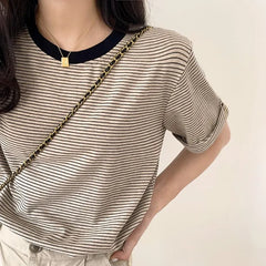 Short-Sleeve Round Neck Striped Contrast Trim Tee