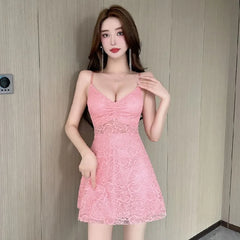 Spaghetti Strap Plain Lace Mini A-Line Dress