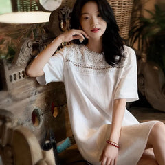 Short-Sleeve Crew Neck Plain Lace Trim Sundress
