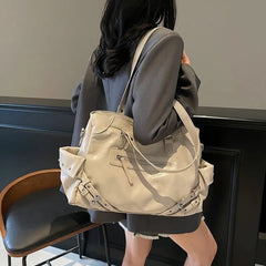 Studded Buckled Faux Leather Utility Tote Bag