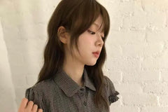 Short-Sleeve Collared Plaid Ruffle Trim Button Up Shirt