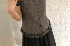 Short-Sleeve Collared Plaid Ruffle Trim Button Up Shirt