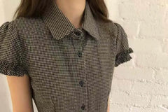 Short-Sleeve Collared Plaid Ruffle Trim Button Up Shirt