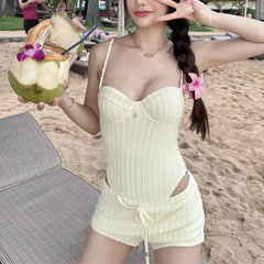 Set: Spaghetti Strap Plain Swimsuit + Drawstring Swim Shorts
