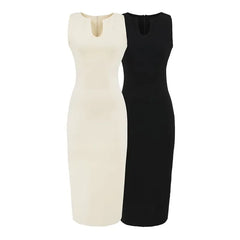 Sleeveless V-Neck Plain Midi Sheath Dress