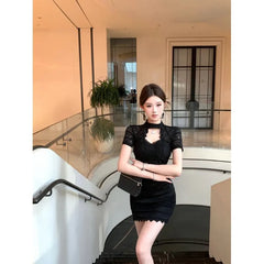 Short-Sleeve Stand Collar Cutout Lace Mini Bodycon Dress