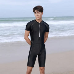 Short-Sleeve Half Zip Plain Swimsuit