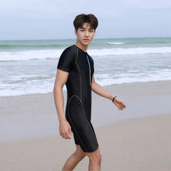 Short-Sleeve Half Zip Plain Swimsuit