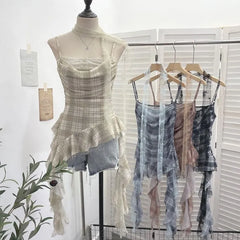 Spaghetti Strap Square Neck Plaid Ruffle Trim Cami Top